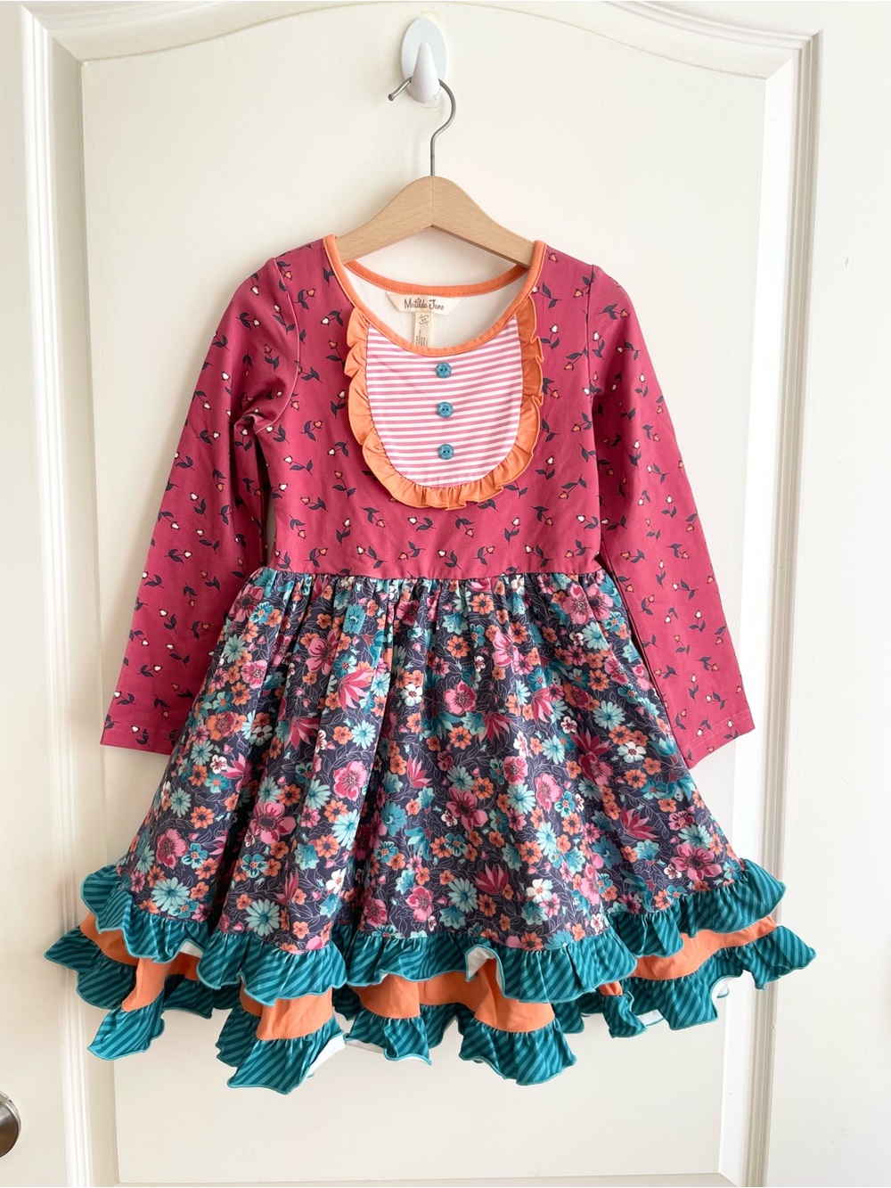 Matilda Jane Dress Ruffle Floral Stripes Long Sleeve Girls Size 6 Y Whimsical